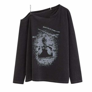 Y2K Grunge Long Sleeve Off-Shoulder T-Shirt - 90s Fashion, Retro Style, Y2K