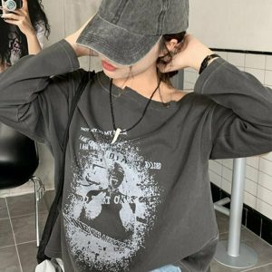 Y2K Grunge Long Sleeve Off-Shoulder T-Shirt - 90s Fashion, Retro Style, Y2K