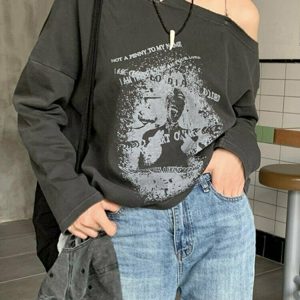 Y2K Grunge Long Sleeve Off-Shoulder T-Shirt - 90s Fashion, Retro Style, Y2K