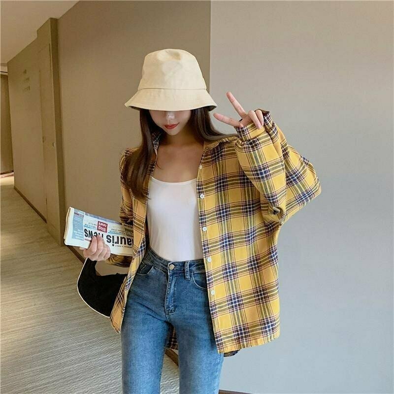 Y2K Grunge Long Sleeve Plaid Aesthetic Shirt - 90s Retro Summer Outfit for Women