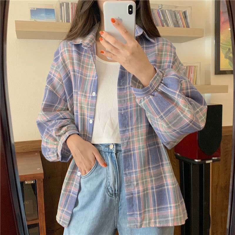 Y2K Grunge Long Sleeve Plaid Aesthetic Shirt - 90s Retro Summer Outfit for Women