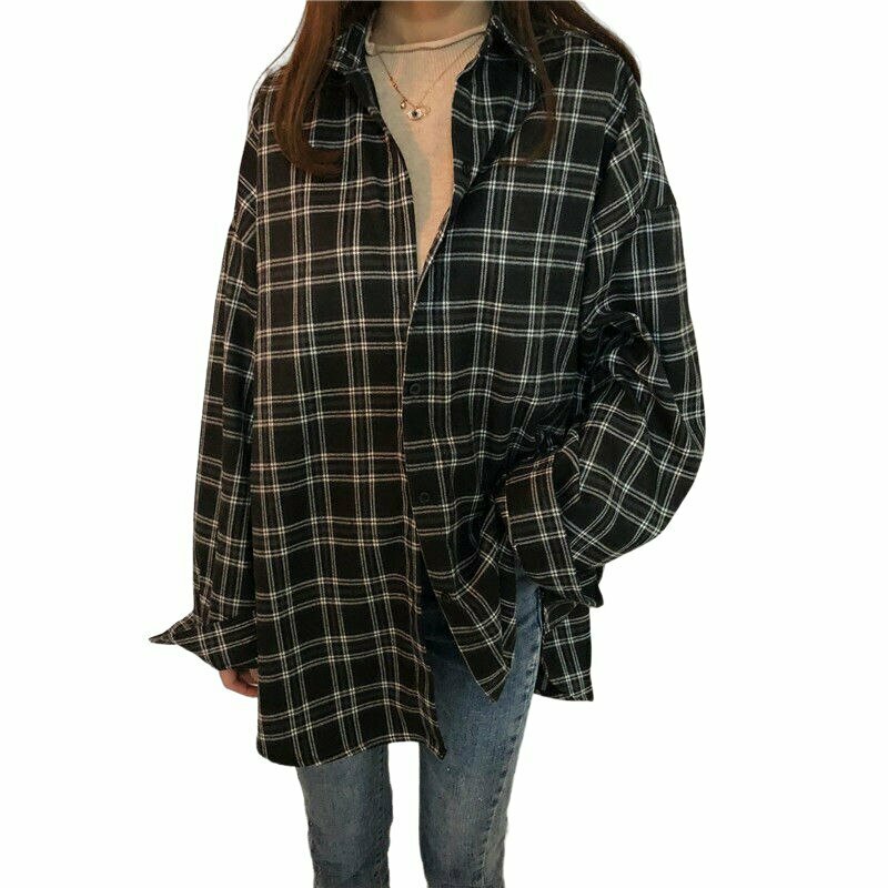 Y2K Grunge Long Sleeve Plaid Blouse - 90s Fashion, Retro Style, Y2K Summer Out