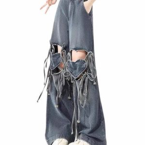 Y2K Grunge Love Knot Knee-Heart Denim Pants - Retro 90s Summer Outfit for Women