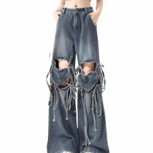 Y2K Grunge Love Knot Knee-Heart Denim Pants - Retro 90s Summer Outfit for Women