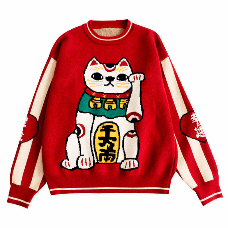 Y2K Grunge Maneki Neko Sweater - Retro 90s Fashion, Summer Outfits, and Clubwear