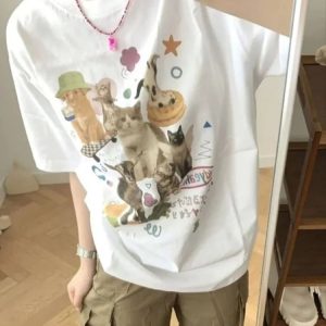 Y2K Grunge Milk Cat Graphic Oversized Women's T-Shirt - 90s Retro Summer Outfit