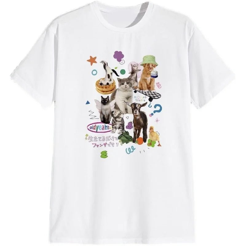 Y2K Grunge Milk Cat Graphic T-shirt - Retro 90s Summer Outfit, Pastel Goth Style