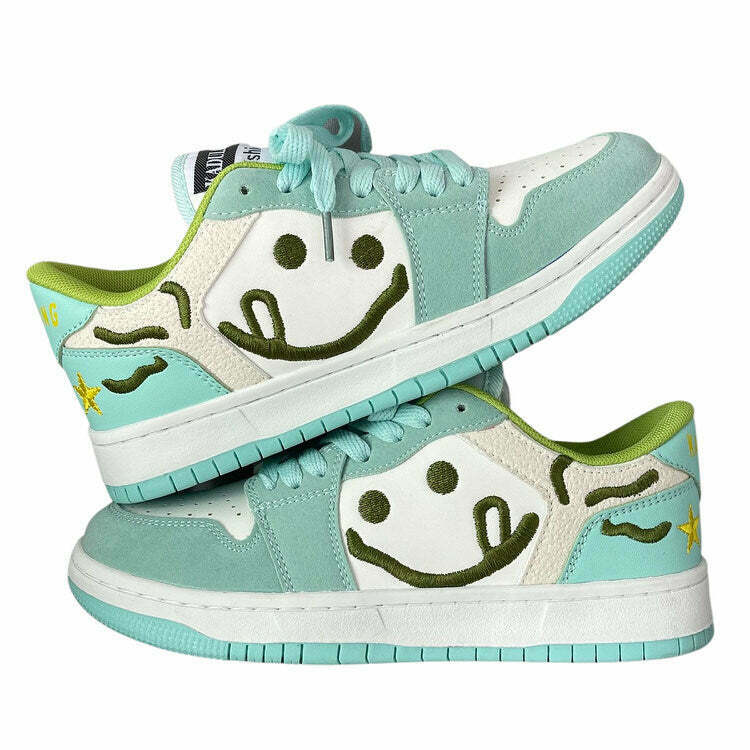 Y2K Grunge Mint Green Sneakers with Smiling Face Embroidery - Perfect for 90s and Y2K Out