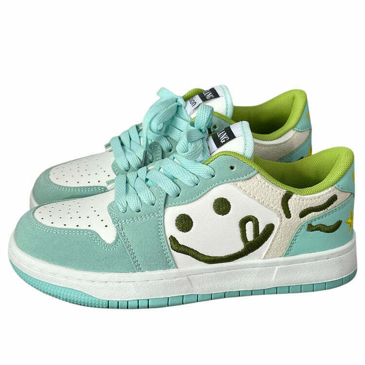 Y2K Grunge Mint Green Sneakers with Smiling Face Embroidery - Perfect for 90s and Y2K Out