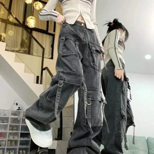 Y2K Grunge Multi-Pocket Street Jeans - Retro 90s Fashion, Summer Y2K Outfits, Hip