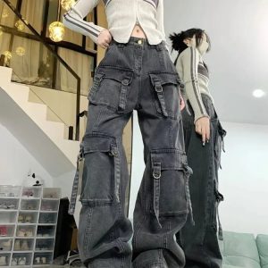 Y2K Grunge Multi-Pocket Street Jeans - Retro 90s Fashion, Summer Y2K Outfits, Hip