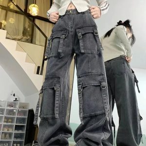 Y2K Grunge Multi-Pocket Street Jeans - Retro 90s Fashion, Summer Y2K Outfits, Hip