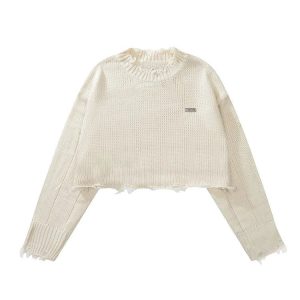 Y2K Grunge O-Neck Long Sleeve Crop Sweater - 90s Retro Summer & Party Outfit