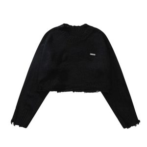 Y2K Grunge O-Neck Long Sleeve Crop Sweater - 90s Retro Summer & Party Outfit