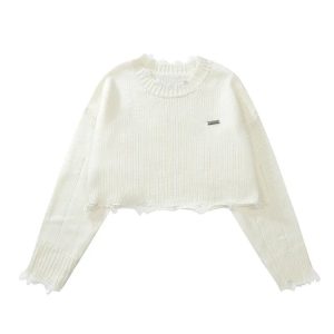 Y2K Grunge O-Neck Long Sleeve Crop Sweater - 90s Retro Summer & Party Outfit