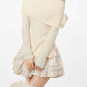 Y2K Grunge Off-Shoulder Sweater - 90s Fashion, Retro Style, Pastel Goth, Summer