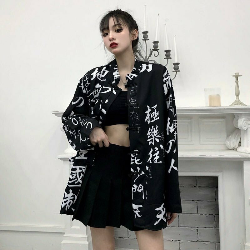 Y2K Grunge Oversize Hieroglyphs Print Blouse - Retro 90s Fashion, Summer Y2K