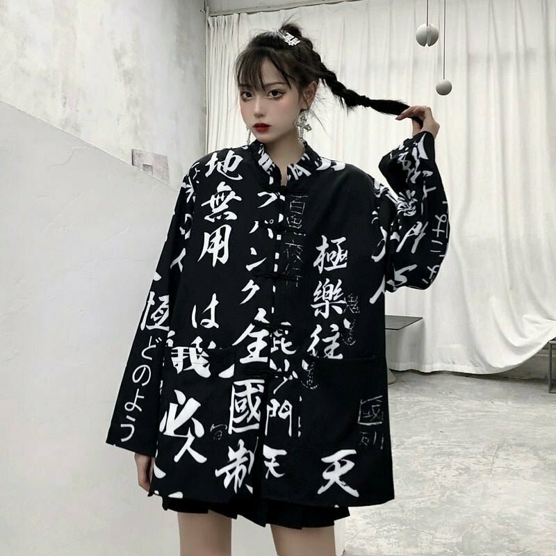 Y2K Grunge Oversize Hieroglyphs Print Blouse - Retro 90s Fashion, Summer Y2K