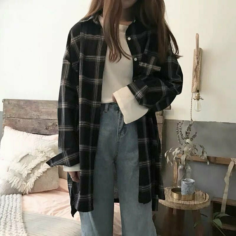 Y2K Grunge Oversize Plaid Shirt - 90s Fashion, Retro Style, Y2K Summer Outfits