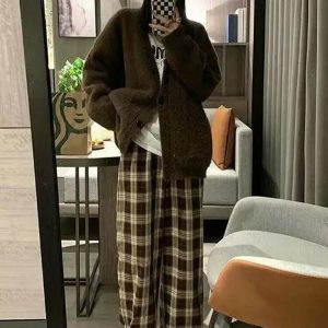 Y2K Grunge Oversize Plaid Wide Leg Pants - Retro 90s Fashion, Summer Y2K Outfits