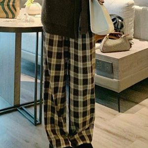 Y2K Grunge Oversize Plaid Wide Leg Pants - Retro 90s Fashion, Summer Y2K Outfits