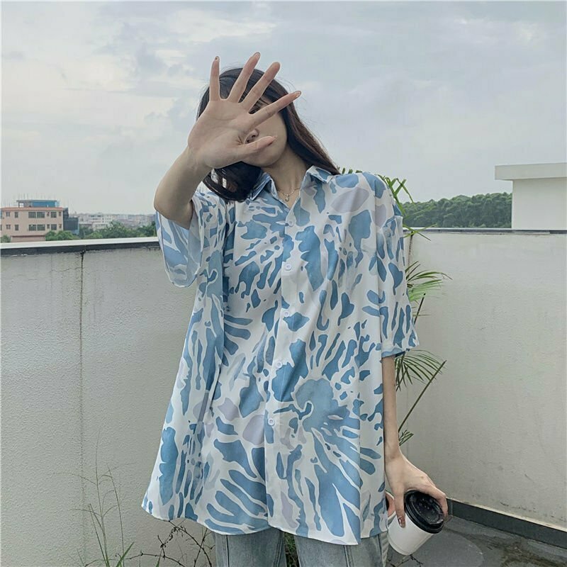 Y2K Grunge Oversize Simple Print Blouse - Retro 90s Summer Outfit, Pastel Goth Style