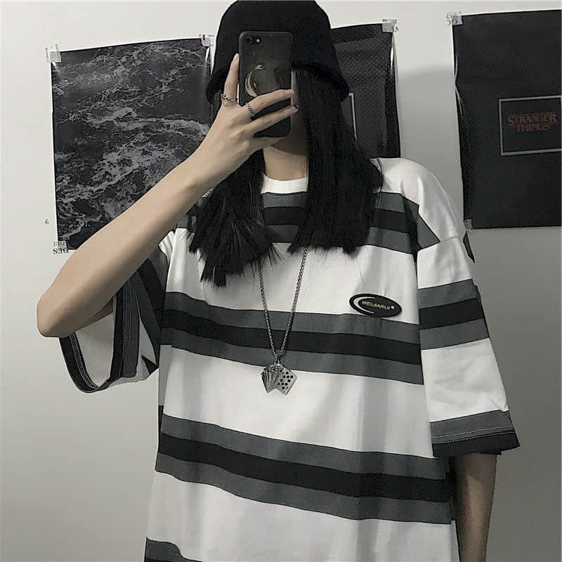 Y2K Grunge Oversize Striped T-Shirt - 90s Fashion, Retro Summer Outfits, Pastel Goth