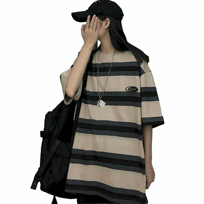 Y2K Grunge Oversize Striped T-Shirt - 90s Fashion, Retro Summer Outfits, Pastel Goth