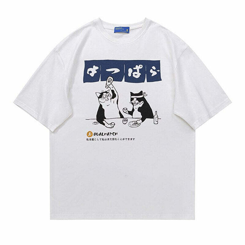 Y2K Grunge Oversized Drinking Cat T-Shirt - Retro 90s Summer Outfit for Women