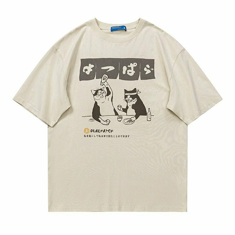 Y2K Grunge Oversized Drinking Cat T-Shirt - Retro 90s Summer Outfit for Women