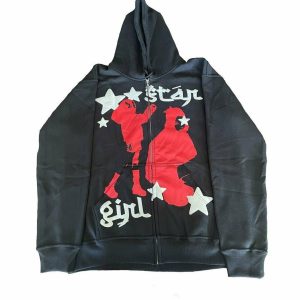 Y2K Grunge Oversized Retro Print Zip Hoodie - 90s Fashion, Summer Outfits, and Clubwear