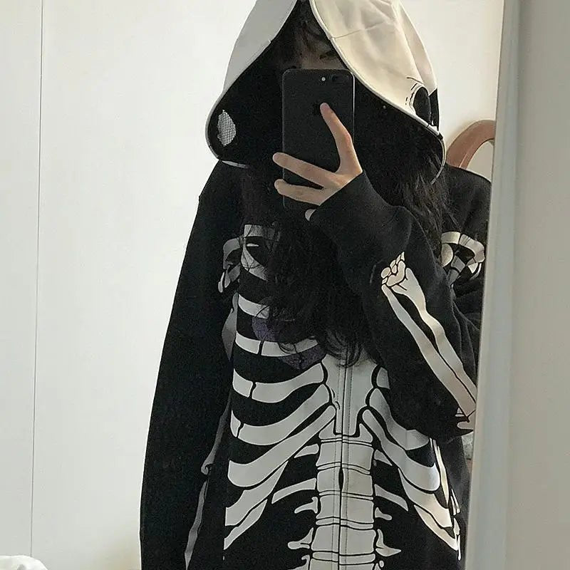 Y2K Grunge Oversized Skull Print Hoodie - Retro 90s Fashion, Gothic Y2K, Summer Outfits