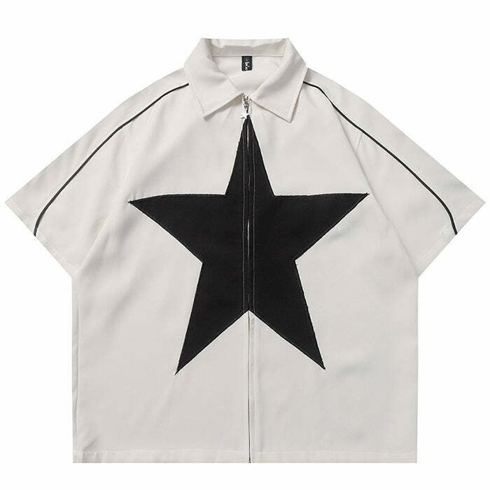 Y2K Grunge Oversized Star Zip-Up Shirt - 90s Retro Summer Outfit for Women