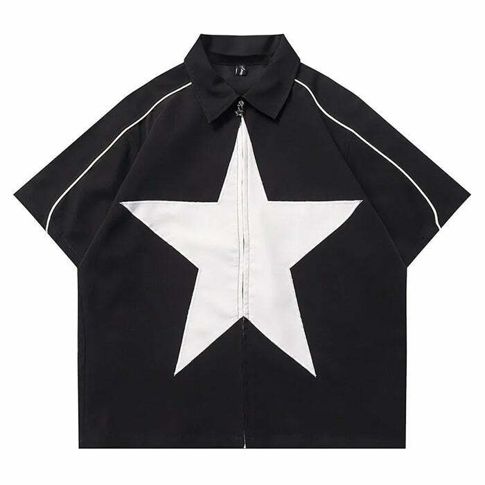 Y2K Grunge Oversized Star Zip-Up Shirt - 90s Retro Summer Outfit for Women