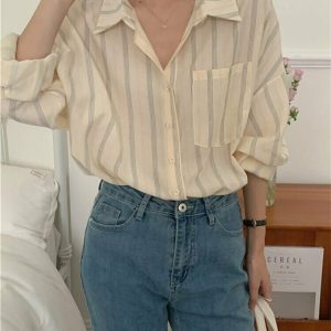 Y2K Grunge Oversized Striped Pocket Blouse - Retro 90s Summer Outfit, Pastel Goth Style