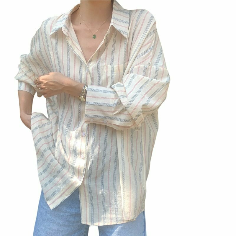 Y2K Grunge Oversized Striped Pocket Blouse - Retro 90s Summer Outfit, Pastel Goth Style