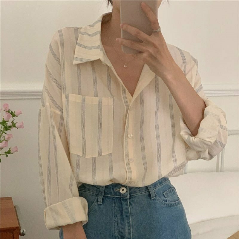 Y2K Grunge Oversized Striped Pocket Blouse - Retro 90s Summer Outfit, Pastel Goth Style