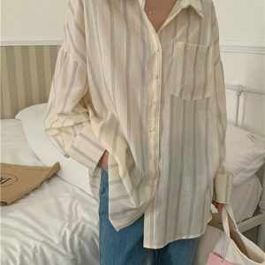 Y2K Grunge Oversized Striped Pocket Blouse - Retro 90s Summer Outfit, Pastel Goth Style