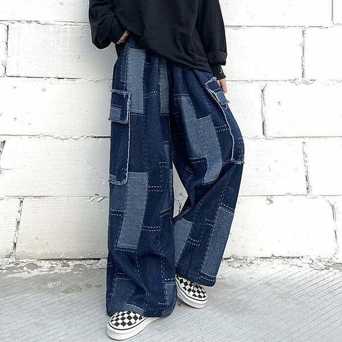 Y2K Grunge Patchwork Baggy Jeans - Retro 90s Hip Hop Fashion for Summer Outfits