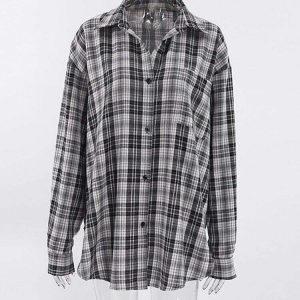 Y2K Grunge Patchwork Black and White Plaid Shirt - 90s Retro Summer Outfit for Women