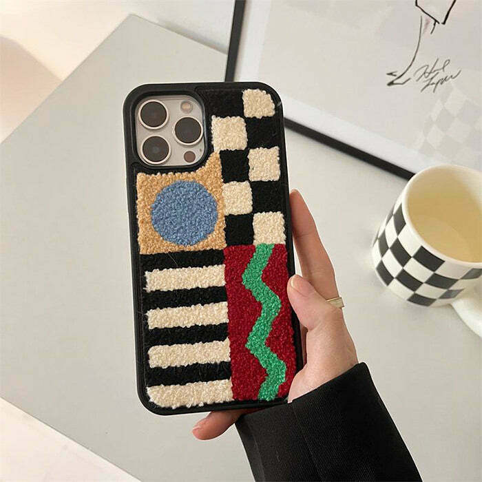 Y2K Grunge Patchwork Embroidered iPhone Case - Retro 90s Fashion, Pastel Goth Style