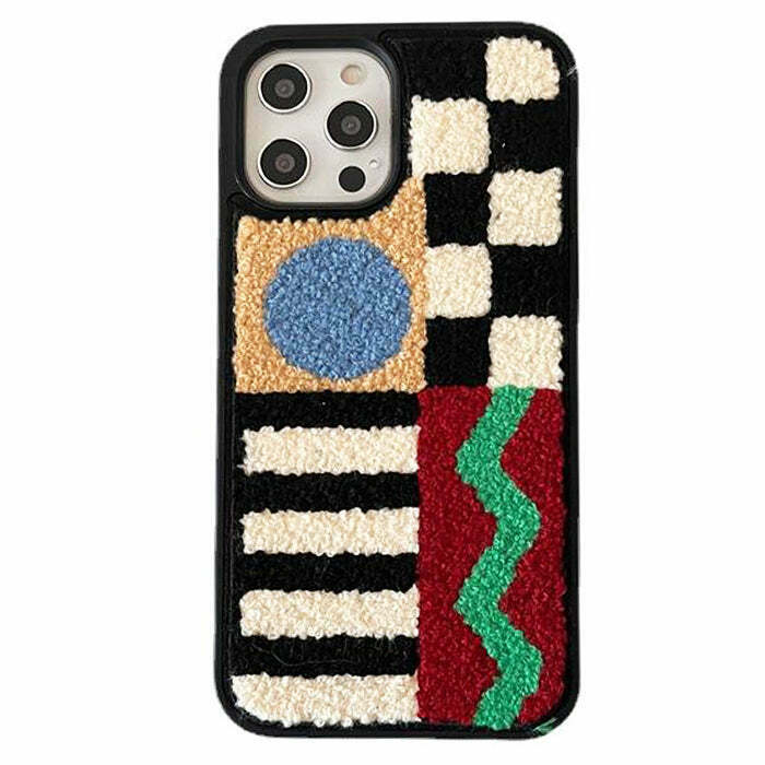 Y2K Grunge Patchwork Embroidered iPhone Case - Retro 90s Fashion, Pastel Goth Style