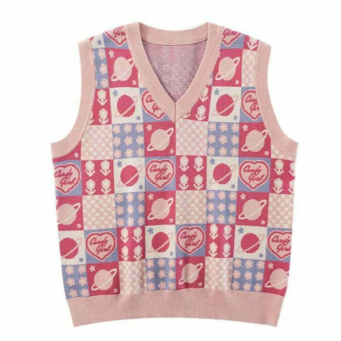 Y2K Grunge Patchwork Knit Vest - Retro 90s Summer Outfit, Pastel Goth, Baby Tees