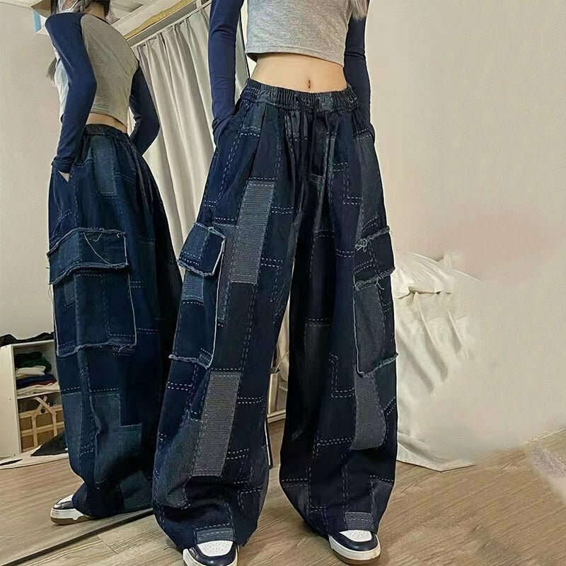 Y2K Grunge Patchwork Wide Leg Jeans - Retro 90s Fashion, Summer Y2K Outfits, Hip