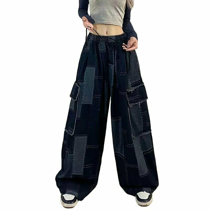 Y2K Grunge Patchwork Wide Leg Jeans - Retro 90s Fashion, Summer Y2K Outfits, Hip