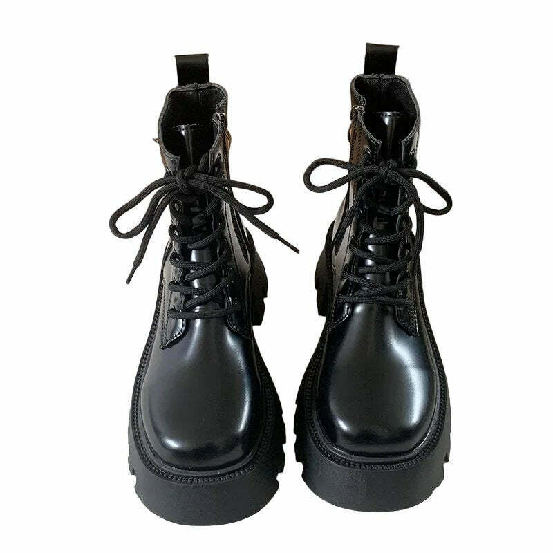 Y2K Grunge Patent Leather Chunky Platform Boots - Retro 90s Goth Fashion Statement