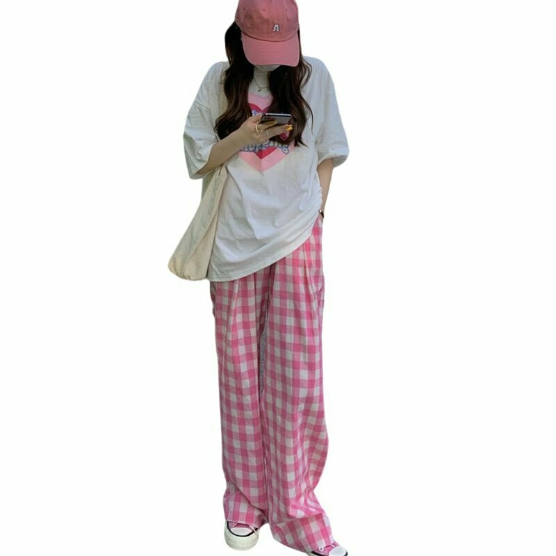 Y2K Grunge Pink Plaid Pants - Retro 90s Skater Girl Summer Outfit, Pastel Goth Vibes