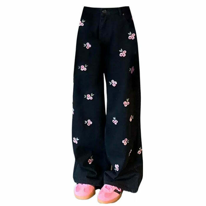 Y2K Grunge Pink Rose Embroidery Wide Leg Pants - 90s Retro Summer Outfit for Women