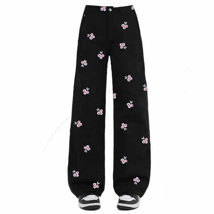 Y2K Grunge Pink Rose Embroidery Wide Leg Pants - 90s Retro Summer Outfit for Women