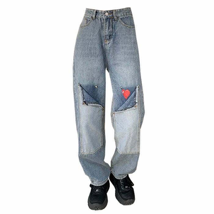 Y2K Grunge Pixel Heart Wide Jeans - Retro 90s Summer Outfit, Y2K Club & Party Fashion